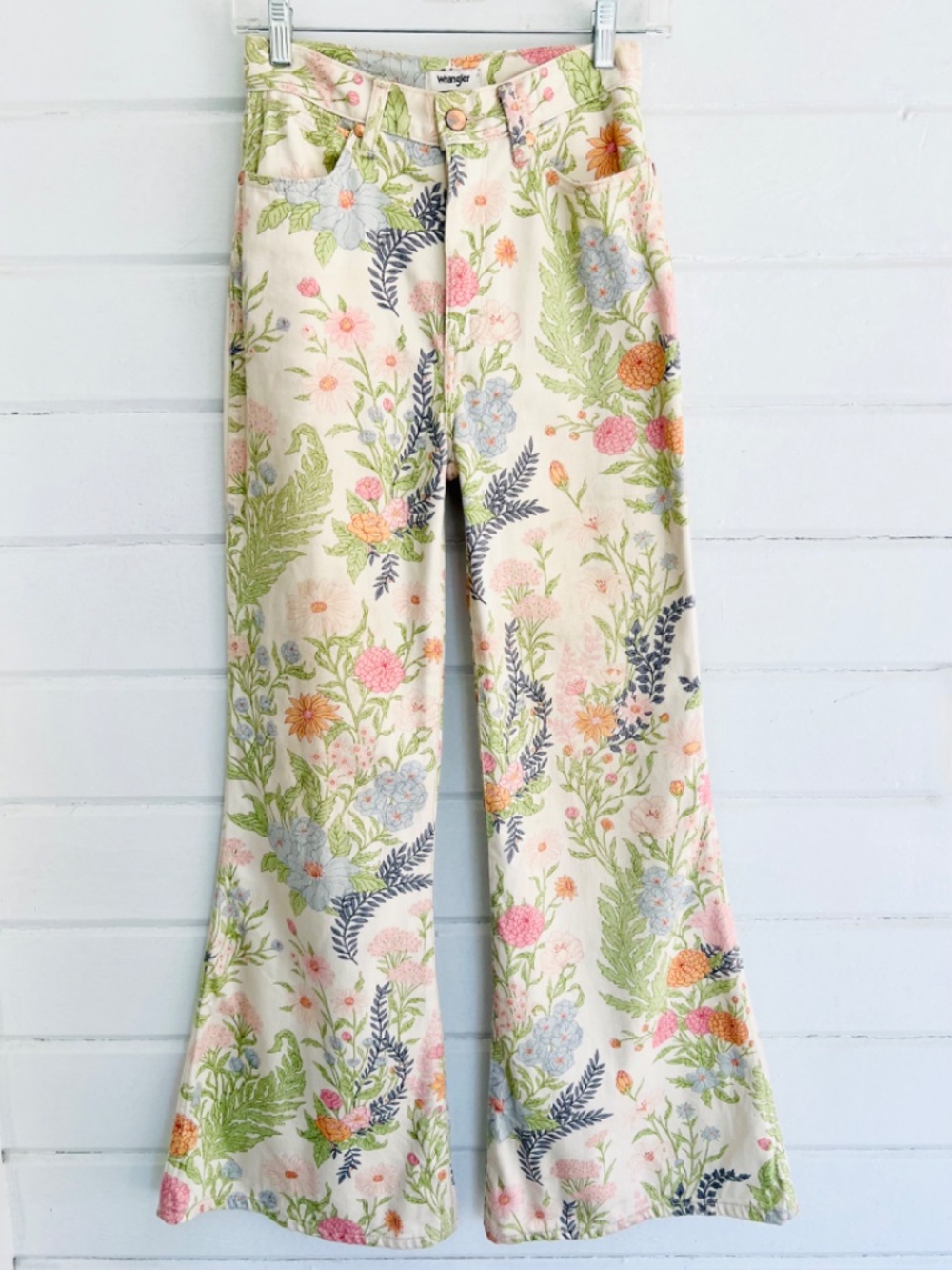 Wrangler Floral Wide Leg Jeans in Cream, Green, Pink - Picture 3 of 12